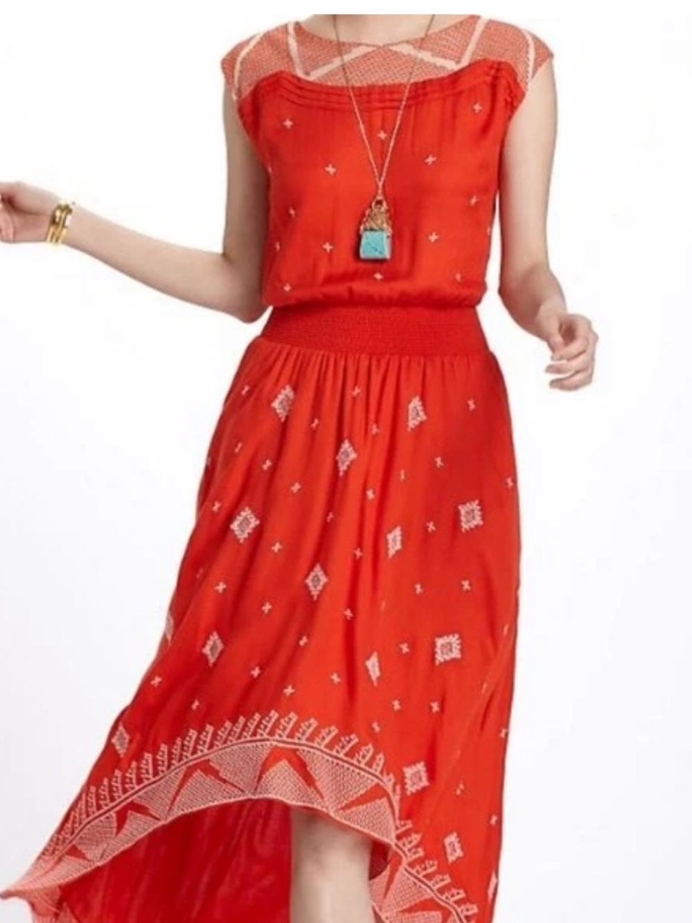 Floreat Anthropologie Nanette Red Orange Embroidered Boho High Low Dress